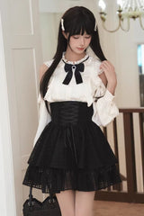 Black/White Round Collar Double-Layered Cut-Out Bow Lace-Up Classic Jirai Kei Japanese Elegant Skirt Set - Product - 5