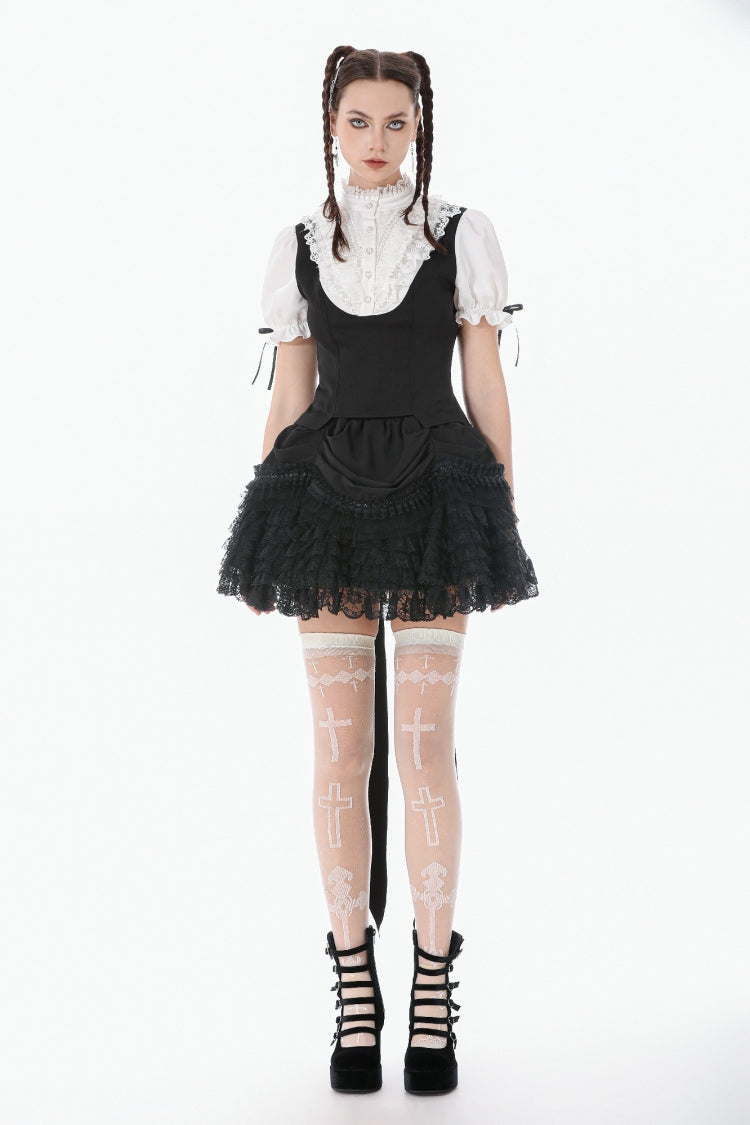 Black/White Short Puff Sleeves Lace Ruffled Stand Collar Women's Gothic Royal Blouse - Product - 5