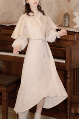 Beige Retro Stand Up Collar Ruffled Lantern Sleeves Butterfly Embroidery Classic Lolita OP Dress Full Set - Beige - 1