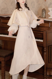 Beige Retro Stand Up Collar Ruffled Lantern Sleeves Butterfly Embroidery Classic Lolita OP Dress Full Set - Beige - 1
