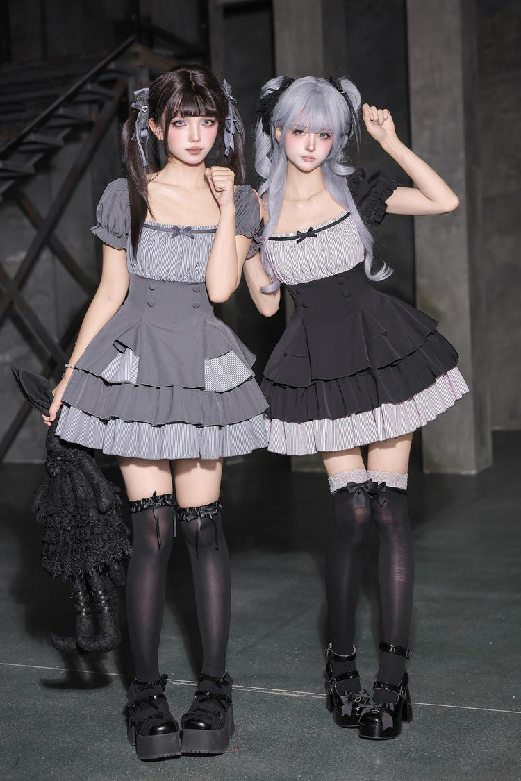 Black Square Collar Off Shoulder Short Sleeves Triple-Layered Bow Vintage Cool Lolita Dress - Product - 4