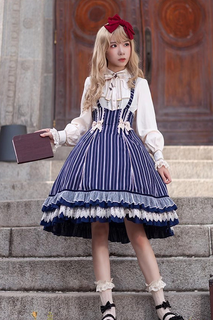 Blue Multi-layer Stripe Print Ruffle Sweet Lolita Jsk Dress - Product - 2