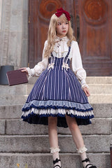 Blue Multi-layer Stripe Print Ruffle Sweet Lolita Jsk Dress - Product - 2