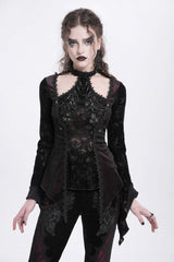 Red Long Trumpet Sleeves Jacquard Cutout Women's Gothic Blouse - Red - 1
