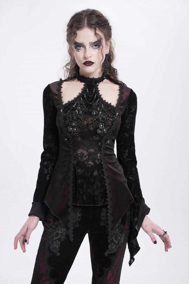 Red Long Trumpet Sleeves Jacquard Cutout Women's Gothic Blouse - Red - 1