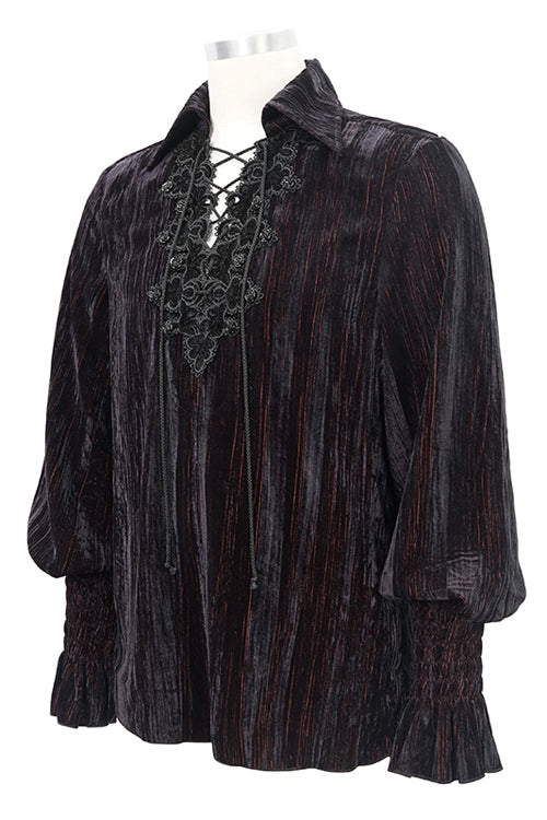 Black And Red Velvet Lantern Sleeves Loose Mens Gothic Blouse - Product - 5