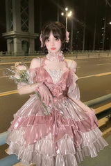 Pink Multi-layer Print Hanayome Bowknot Sweet Elegant Princess Lolita Jsk Dress - Product - 2