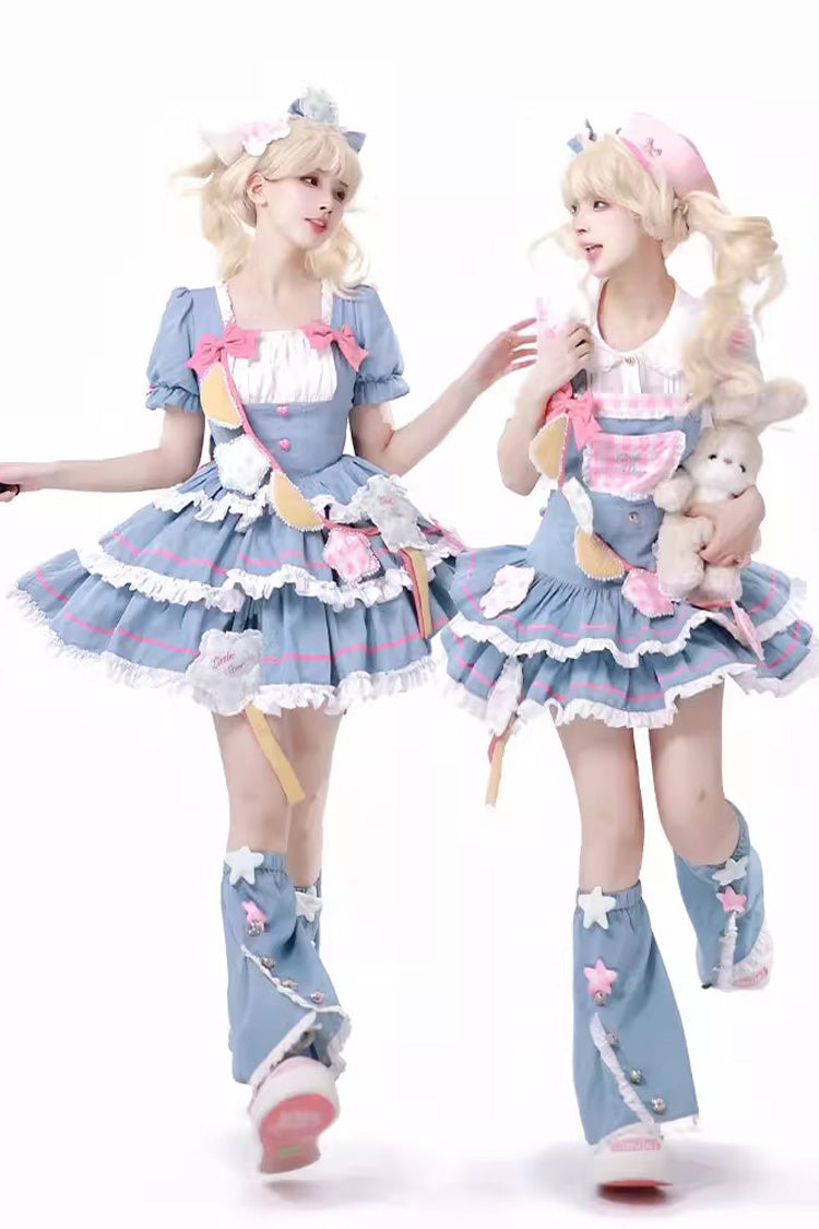 Blue/Pink Garden Party Short Puff Sleeves Multi-layer Ruffle Bowknot Sweet Lolita Dress - Product - 6