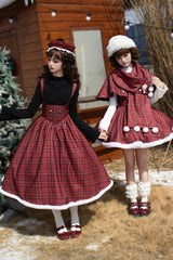 Red Striped Plaid Print Fall Winter Fishbone Sweet Corset Lolita Dress 2 Versions - Product - 5