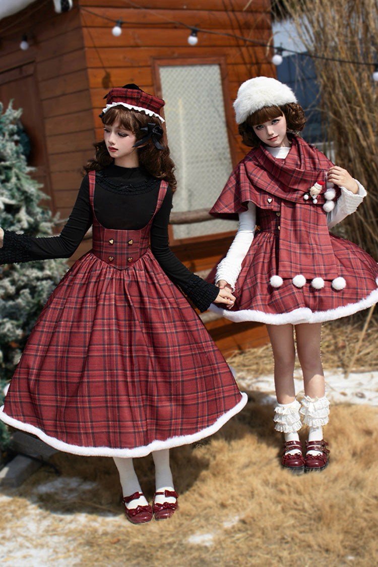 Red Striped Plaid Print Fall Winter Fishbone Sweet Corset Lolita Dress 2 Versions - Product - 5
