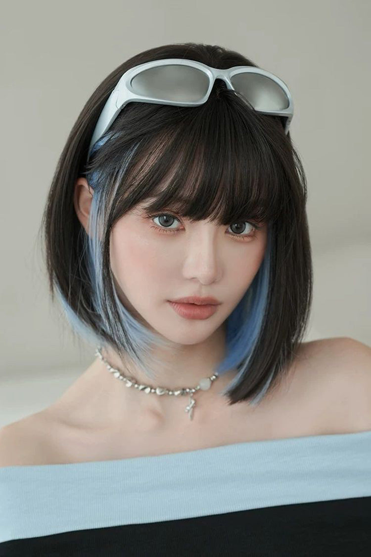 Sky Blue/Black Highlight Natural Face-Framing Clavicle Bob Sweet Lolita Wig - Sky-Blue/Black - 1