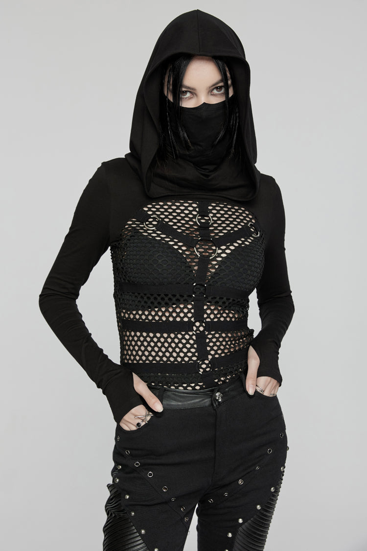 Black Long Sleeves Stitching Hooded Mesh Women's Punk T-Shirt - Product - 3