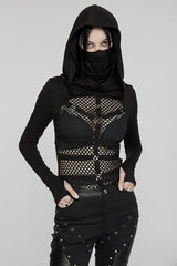 Black Long Sleeves Stitching Hooded Mesh Women's Punk T-Shirt - Product - 3