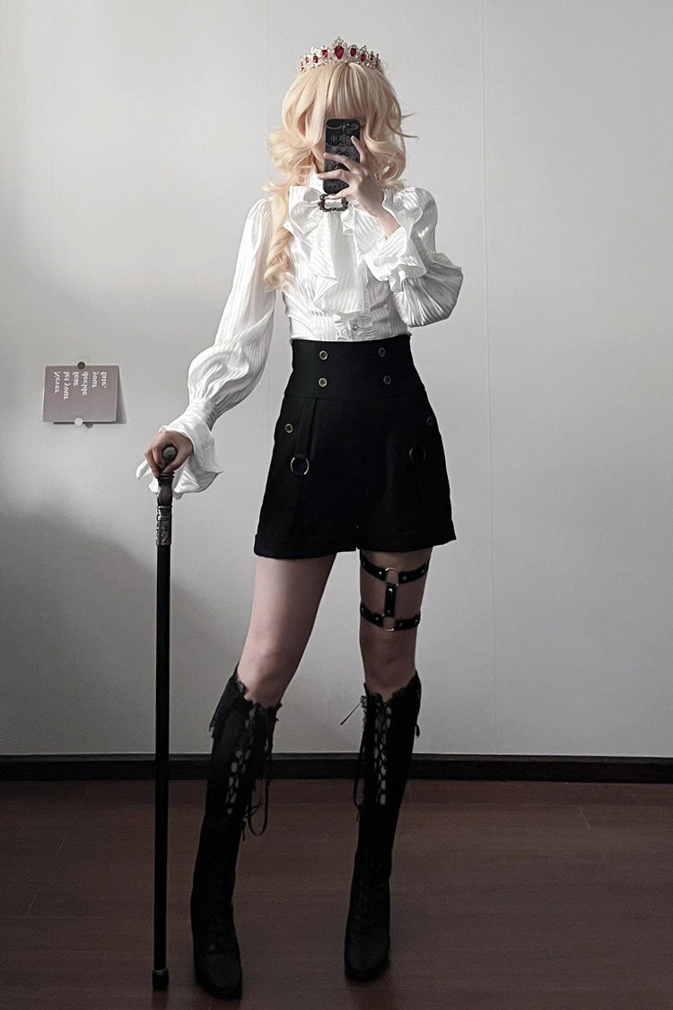 Moonstone Lapel Collar Long Sleeves Vertical Striped Print Ruffle Ouji Gothic Prince Lolita Blouse 3 Colors - Product - 11