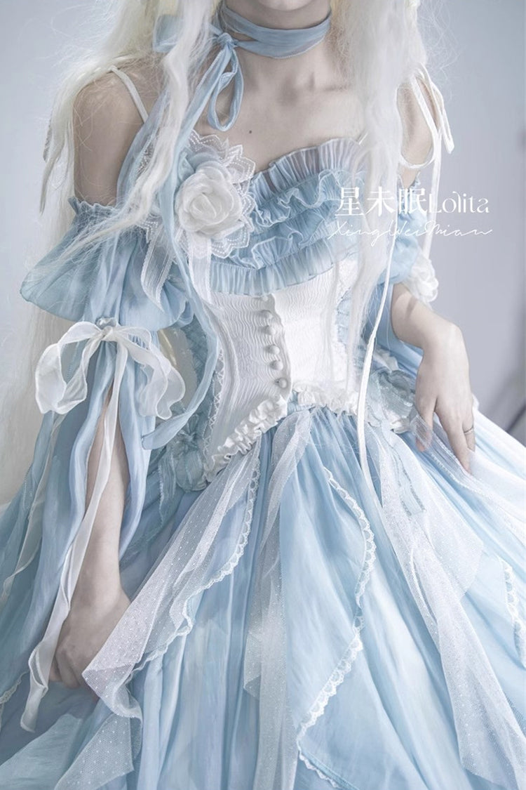 [Praise of the Flower Goddess] Off Shoulder Ruffle Hanayome Bowknot Lace Fishbone Sweet Lolita Jsk Dress 2 Colors - Product - 8