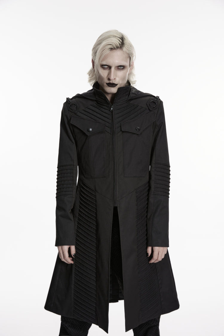 Black Stand Collar Long Sleeves Hooded Zippered Men's Punk Jacket - Black - 7
