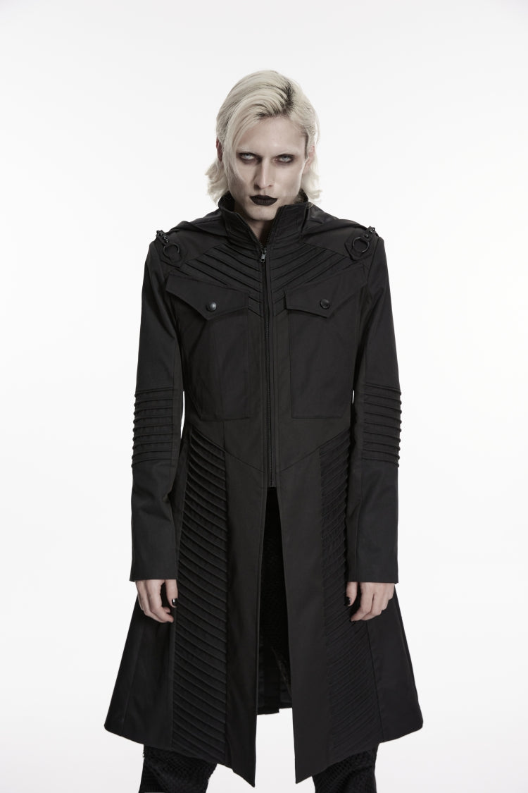 Black Stand Collar Long Sleeves Hooded Zippered Men's Punk Jacket - Black - 7