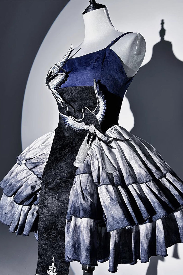 Dark Blue [Feathered Finch] Multi-Layered Print Ruffle Classic Chinese Style Lolita Jsk Dress Set - Product - 11