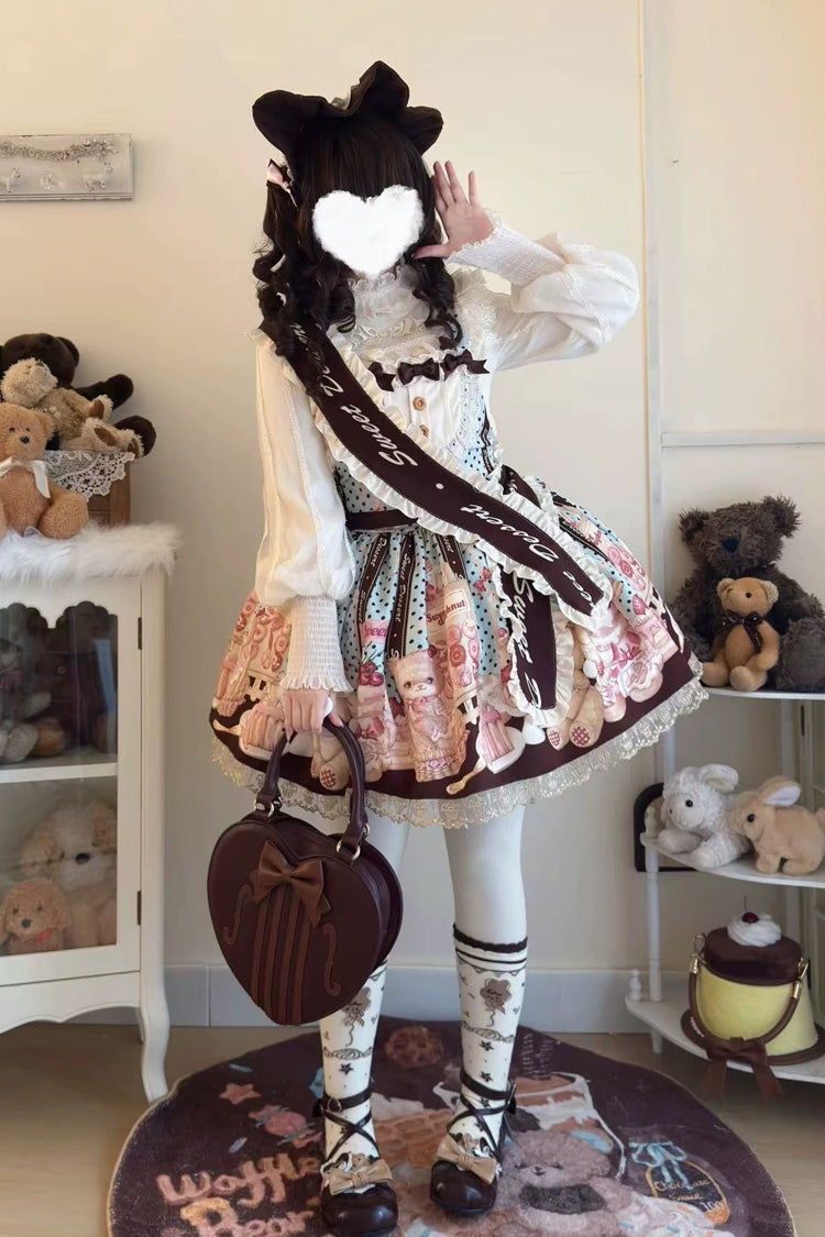 Multi-Color [Cat Chocolate Patisserie] Sleeveless Printed Ruffled Bow Lace Sweet Lolita Strap Dress - Product - 5