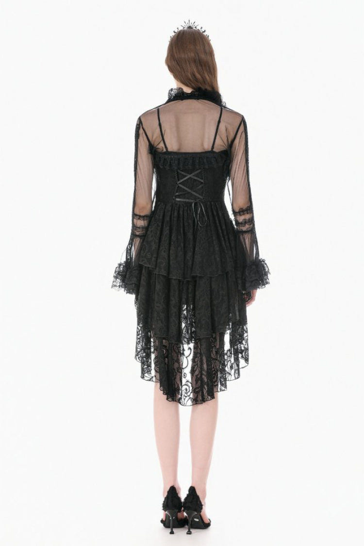 Black Lace Ruffled High Collar Long Flare Sleeves Sheer Mesh Women's Gothic Cape - Product - 11