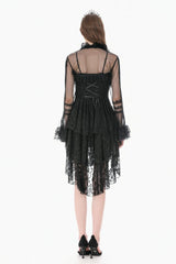Black Lace Ruffled High Collar Long Flare Sleeves Sheer Mesh Women's Gothic Cape - Product - 11