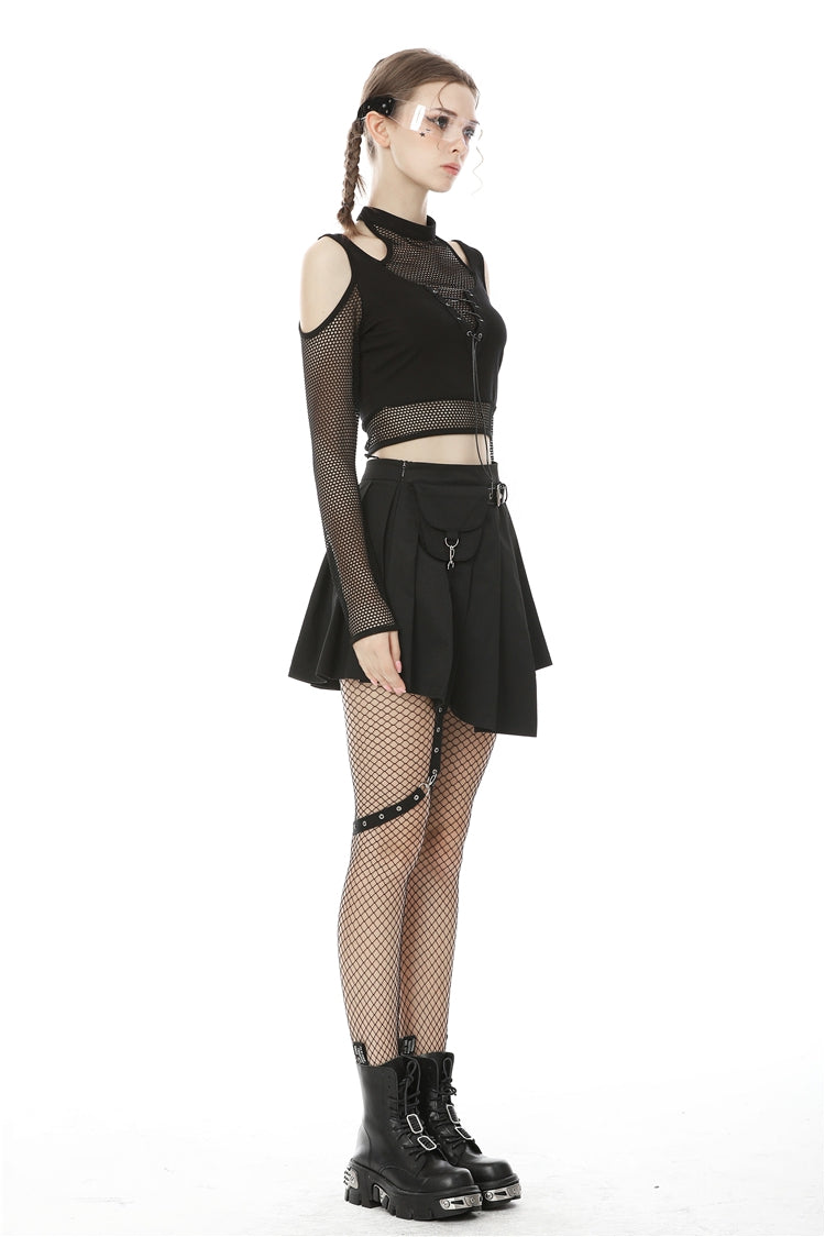 Black Off Shoulder Long Sleeves Lace-Up Chest Straps Sheer Mesh Women's Punk Top - Product - 2