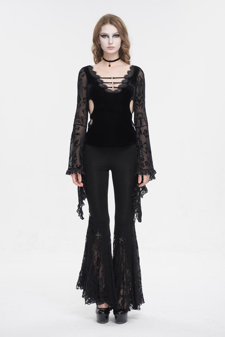 Black Plunging Flared Sleeved Mesh Splice Women's Punk Shirt - Product - 4