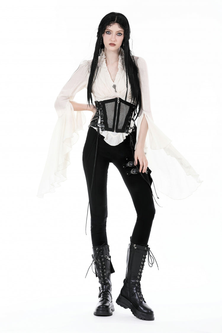 White V Collar Ruffled Long Trumpet Sleeves Women's Steampunk Blouse - Product - 6