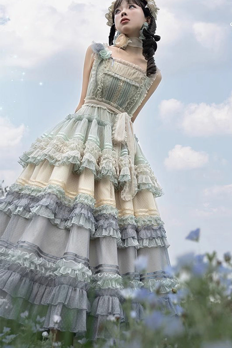 Rainbow Cloud Gradient Triple-Layered Ruffle Bowknot Sweet Lolita Jsk Dress 2 Colors - Product - 10