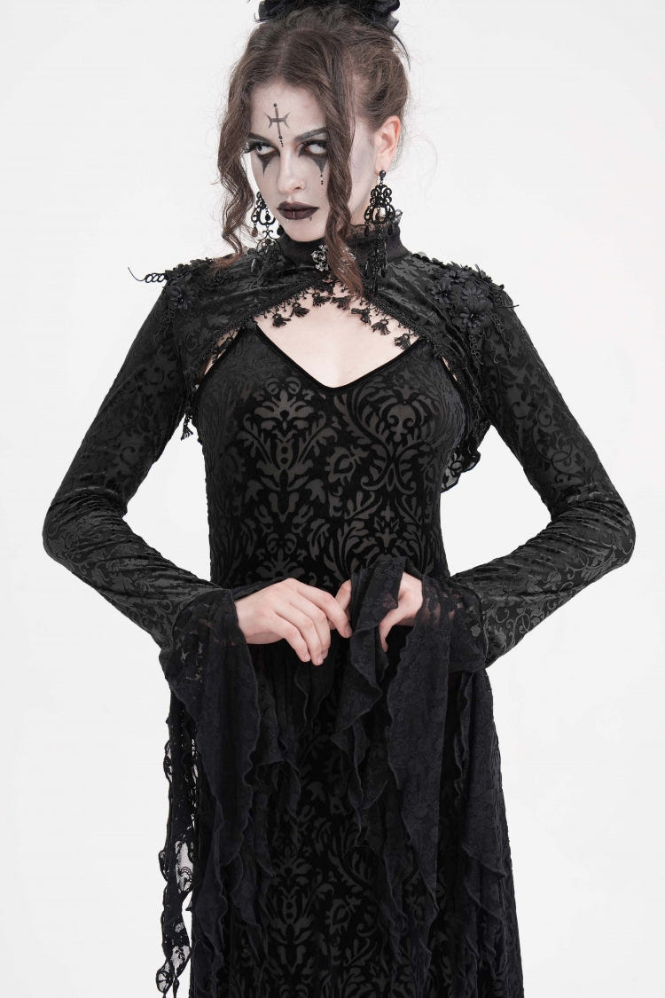 Black Stand Collar Long Sleeves Lace Tassels Women's Gothic Cape - Product - 2