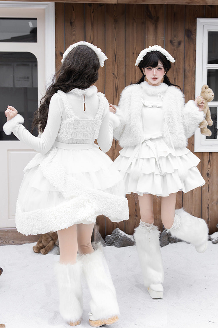 [White Chocolate] Triple-Layered Ruffle Bowknot Sweet Lolita Jsk Dress Set - Product - 2