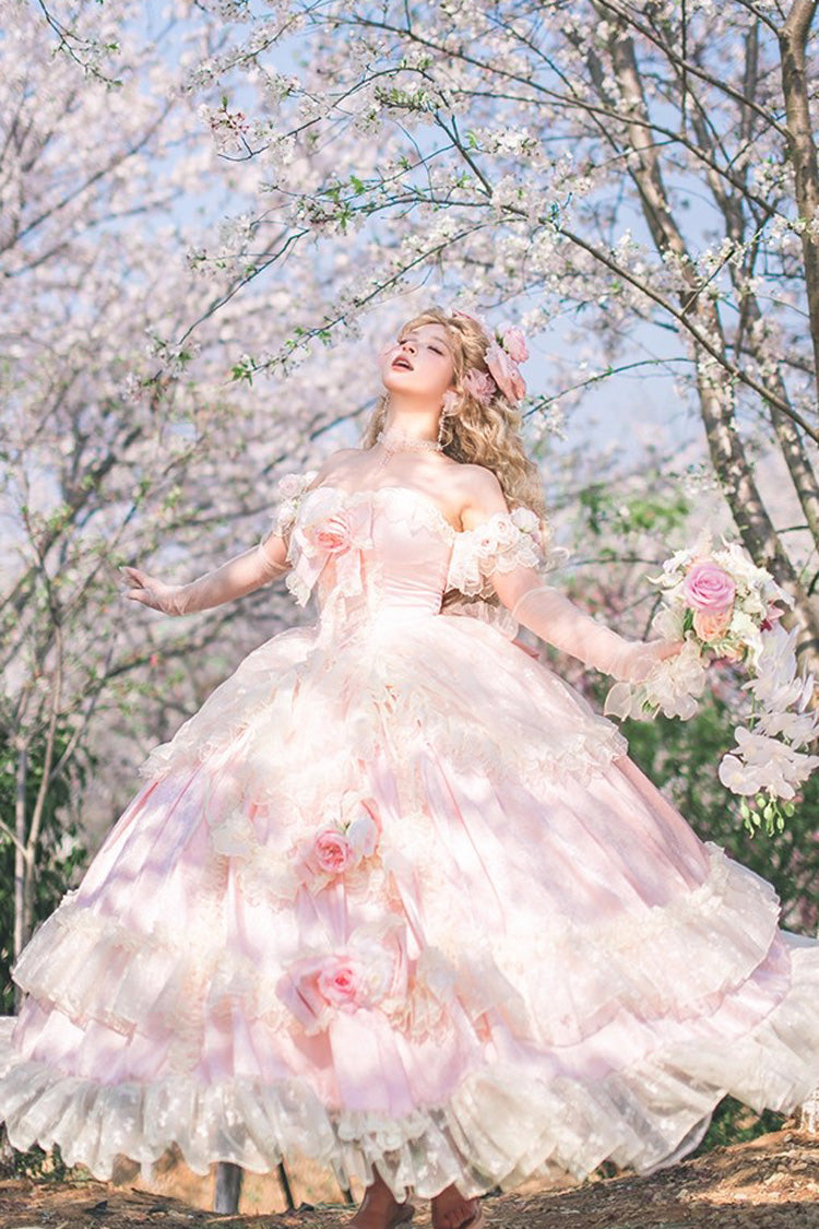 Pink [Love and Roses] Ruffle Hanayome Bowknot Lace Sweet Princess Lolita Jsk Dress - Product - 9