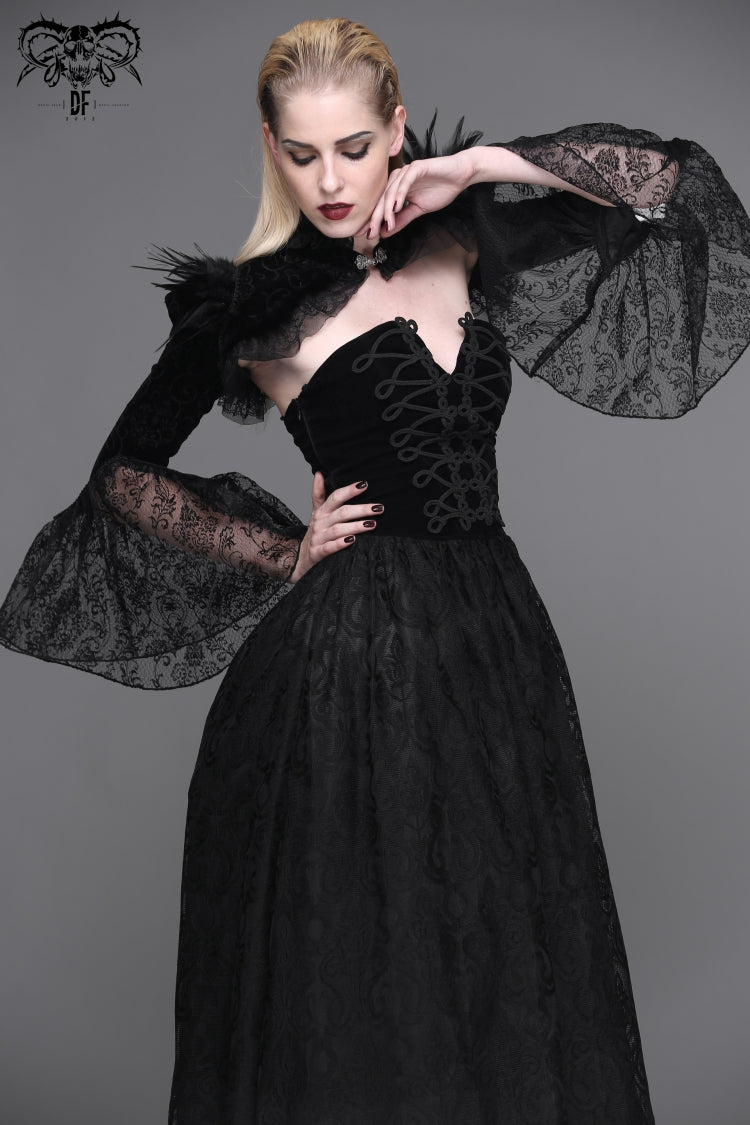 Black High Collar Long Trumpet Sleeves Printed Lace Pleated Women's Vintage Punk Jacket - Product - 4