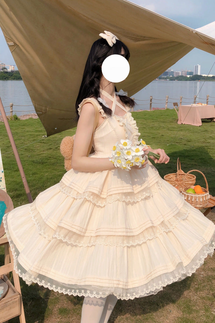 Apricot First Love Triple-Layered Ruffle Bowknot Lace Sweet Lolita Jsk Dress - Product - 3