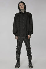 Black Punk Turtleneck Dragon Scale Jacquard Long Lantern Sleeves Lace Edge Men's Shirt - Product - 4