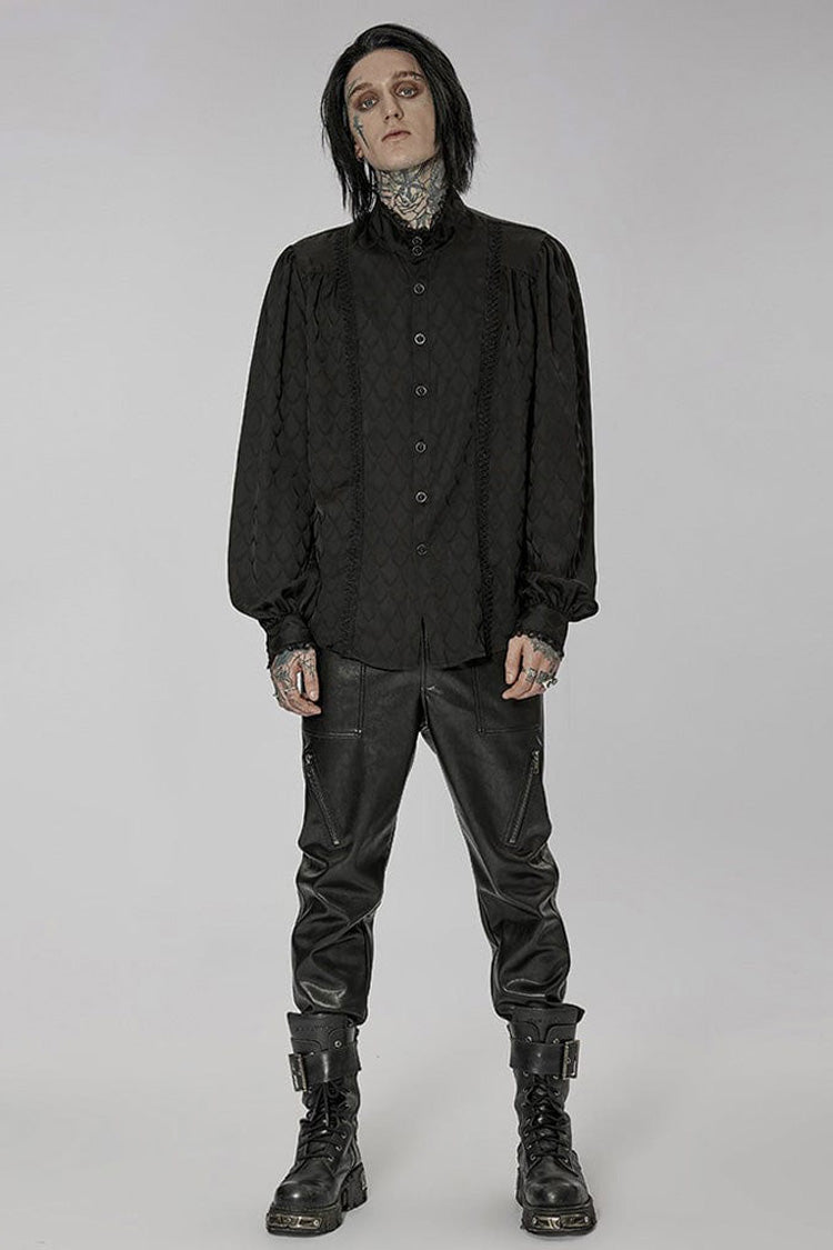 Black Punk Turtleneck Dragon Scale Jacquard Long Lantern Sleeves Lace Edge Men's Shirt - Product - 4