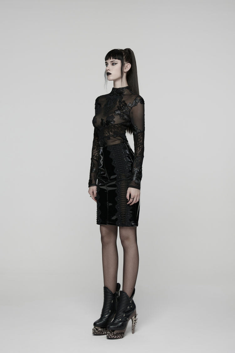 Black Spliced Lace Women's Gothic Lace Splice Faux Leather Skirt - Product - 11