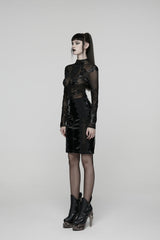 Black Spliced Lace Women's Gothic Lace Splice Faux Leather Skirt - Product - 11