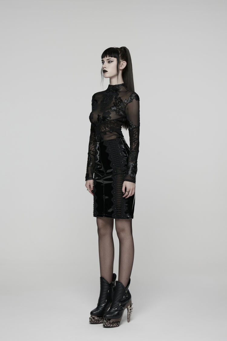 Black Spliced Lace Women's Gothic Lace Splice Faux Leather Skirt - Product - 11