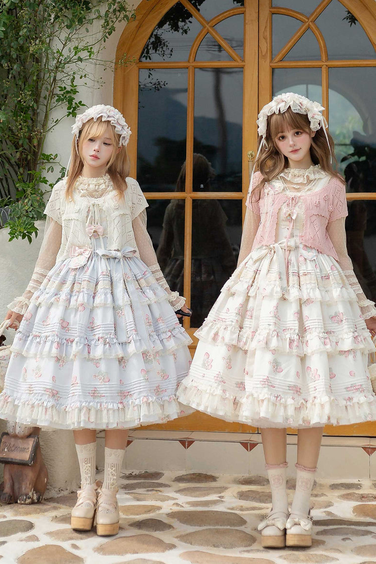 [Strawberry Garden] Sleeveless Multi-Layered Printed Ruffled Bow Sweet Lolita Jsk Dress 2 Colors - Blue - 1