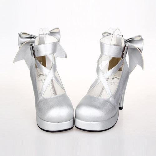 Pure Color Cute Bowknot Sweet Lolita High Heel Shoes - Silver - 5