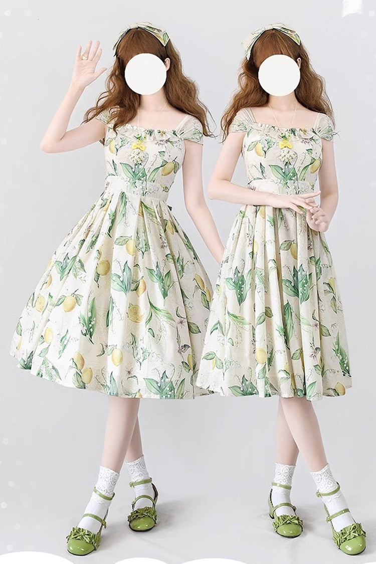 Yellow/Green [Forest Basket] Lemon Print Bowknot Chiffon Sweet Elegant Lolita Jsk Dress - Yellow/Green - 1