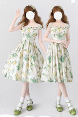 Yellow/Green [Forest Basket] Lemon Print Bowknot Chiffon Sweet Elegant Lolita Jsk Dress - Yellow/Green - 1