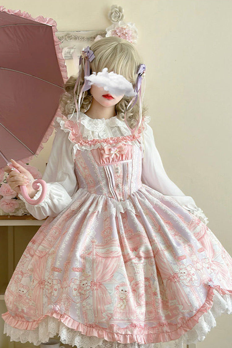 Pink Square Collar Sleeveless Printed Ruffled Lace Sweet Lolita Jsk Dress - Product - 2