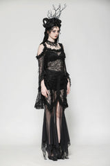 Black Lace-Up Mesh Spliced Lace Women's Gothic Fishtailed Skirt - Product - 9