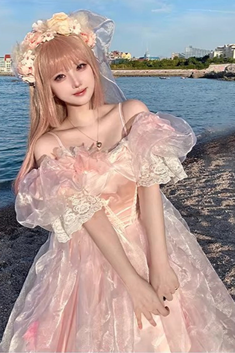 Pink [Mist Sea] Halterneck Short Sleeves Multi-Layered Ruffled Hanayome Bow Lace Sweet Plus Size Lolita Dress - Product - 5