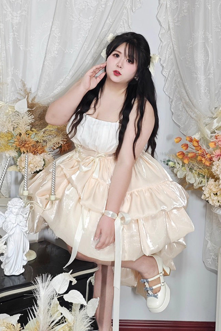 Beige Multi-Layered Ruffle Bowknot Sweet Plus Size Lolita Jsk Dress - Product - 5