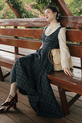 Dark Green Vintage Plaid Print Embroidery Fake Two Pieces High Waisted Classic Lolita Dress - Product - 5