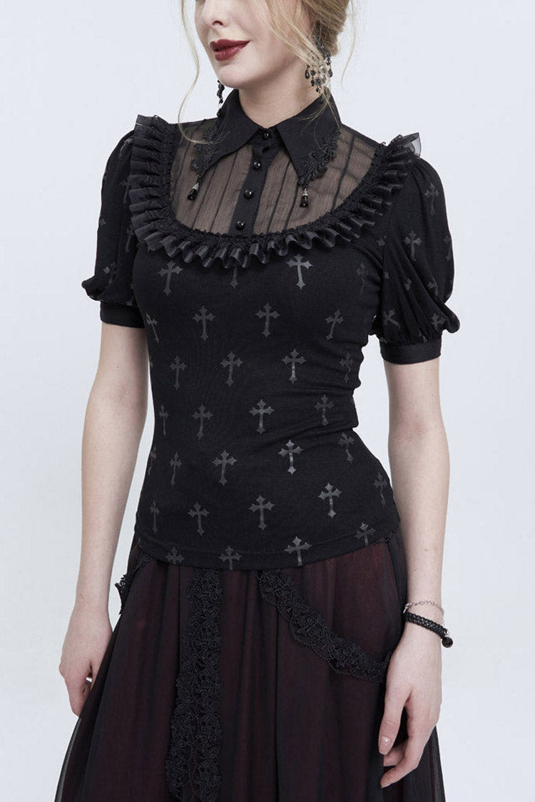 Black Chest Paneled Chiffon Lace Collar Lace Strap Pendant Cross Print Women's Punk Shirt - Black - 1