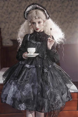 Black Stand Collar High Waisted Dead Leaves Print Tulle Gothic Princess Lolita Jsk Dress - Black - 1